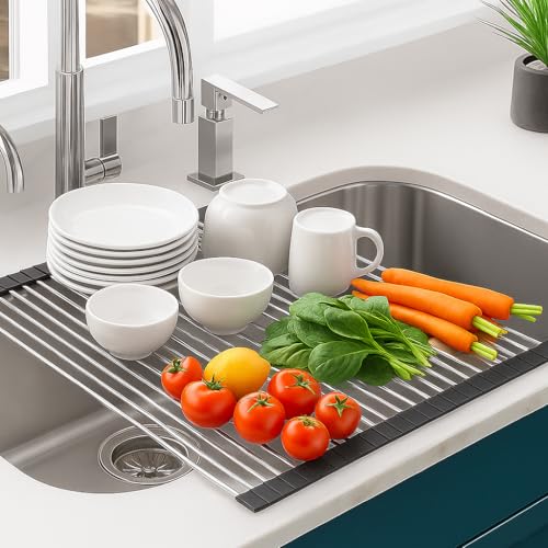 Image of HOMEZE Foldable Over The Sink Dish Drying Rack (45.5x46 cm) - Stainless Steel Roll-Up Kitchen Sink Drainer | Multipurpose Rack for Bartan, Dishes, Cups, Utensils, Fruits & Vegetables | Heat Resistant