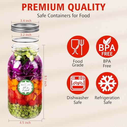 UrSpeedtekLive 64 oz Wide Mouth Mason Jars with Lids and Bands, 3 Pack Half Gallon Canning Jars, Large Glass Jars for Pickling, Preserving, Meal Prep
