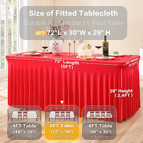 Image of 2 Pack Red Spandex Tablecloths for 6 Foot Rectangle Tables, Wrinkle Free 6ft Fitted Table Cloth Stretchy Table Clothes with Skirt for Parties Weddings Birthday Banquet Baby Shower