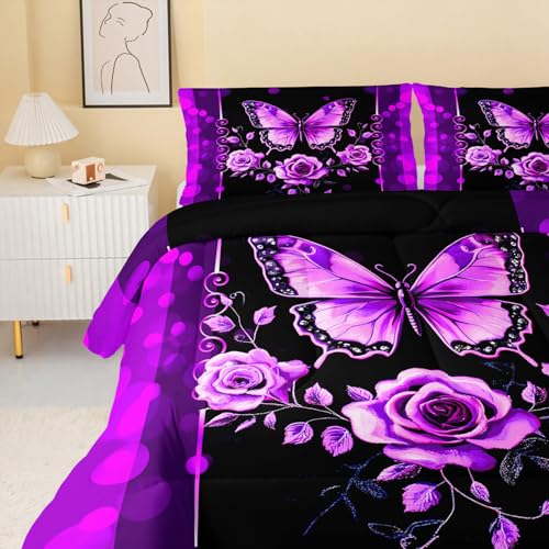 Image of QOOMO Cartoon Butterfly Kids Comforter Set,Flowers Print Bedding Set Full Size for Boys Girls Room Decoration,Purple Bed Set Microfiber Lightweight,1 Comforter 2 Pillowcases