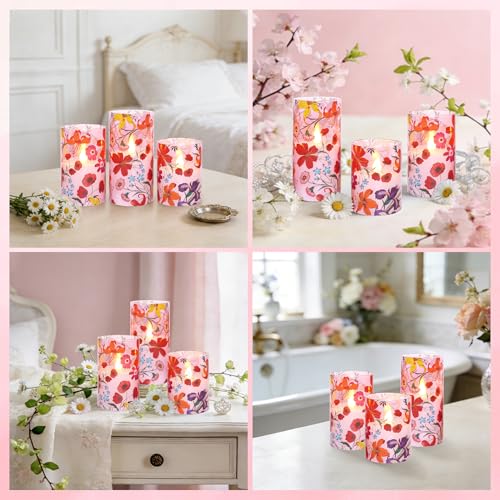 Image of Flameless Candles Glass with Remote Control & Timer Function, Red Multicolor Flower Design LED Candles, Home Party Wedding Christmas Spring Summer Decor, Set of 3