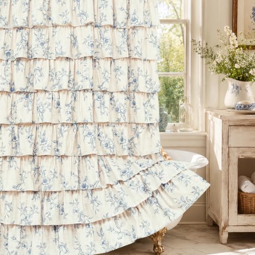 Yinhua Blue Floral Shower Curtain Farmhouse Ruffle Shower Curtains for Bathroom French Country Bath Curtain Waterproof Washable 72 Wx72 L