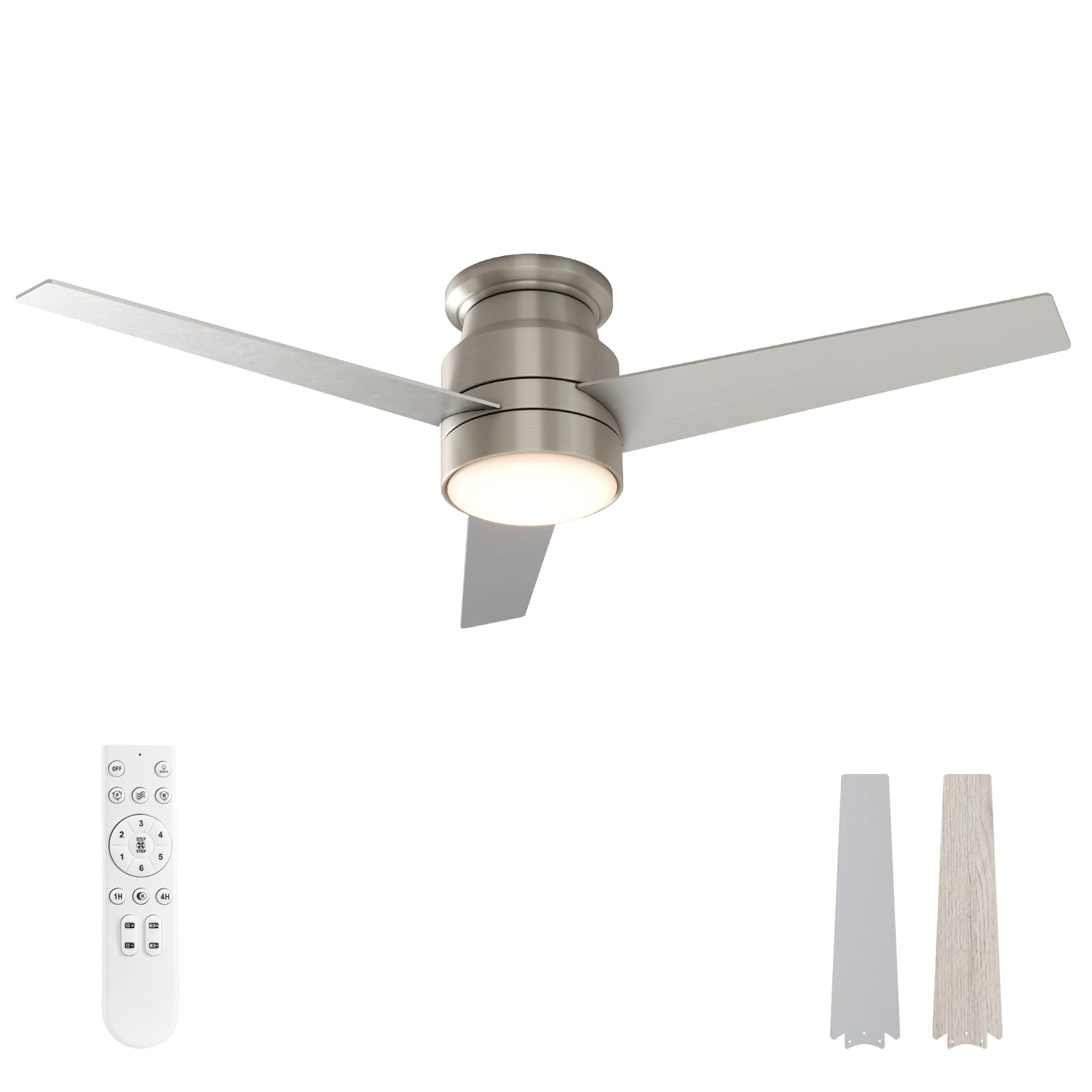 warmiplanet Flush Mount Ceiling Fan with Lights Remote Control, 52-Inch, Brushed Nickel, 3-Blades