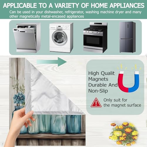 Image of Blue Mason Jars Flowers Dishwasher Magnets Decorative Cover,Rustic Wooden Boards Waterproof Magnetic Dishwasher Cover Panel,Refrigerator Magnet Cover for Kitchen Home Decor 23x26 Inch