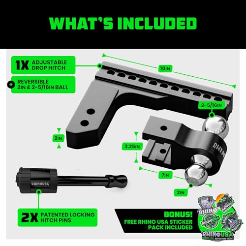 Image of Rhino USA Adjustable Trailer Hitch (Fits 2-Inch Receiver)-Heavy Duty Aluminum Tow Hitches with 10-Inch Drop /Rise for Truck (12,500 LBS GTW) - Weatherproof Double Anti-Theft Locking Hitch Pins (Black)