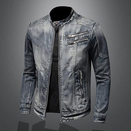 Men's Vintage Stand Collar Denim Jacket Casual Lightweight Distressed Motorcycle Coat Slim Zipper Warm Jean Jacket2
