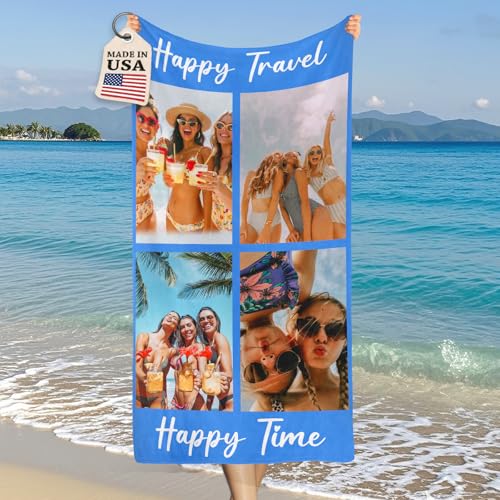 Bemaystar Ships Next Day Personalized Beach Towels for Kids & Adults - Custom Beach Towel Printed in USA - Custom Photo Gifts for Pool Vacation Customized Gifts for Women Kids Family - 4 Photos
