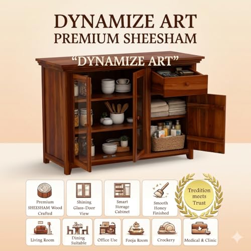 Image of Kitchen Crockery Cabine Units, Wood Kitchens Cabinet with Glass Door, Kitchen Storage Cabinet, Wooden Chests of Drawers & Dressers, Sideboard Cabinets for Living Room, Honey Finish