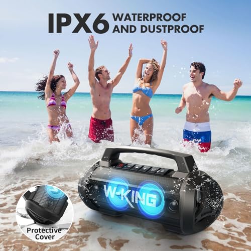 Image of W-KING Portable Bluetooth Speaker with Wireless Microphone, 120W Peak 70W RMS Waterproof Outdoor Bluetooth Speakers, 110dB Loud Bass Up, 42H /BT5.4 /DSP /RGB, Stereo Pairing for Camping /Beach Essentials