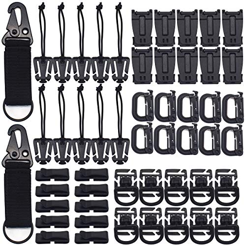 Tactical Attachments Set,RoadLoo 52 Pack Multipurpose Tactical Gear Carabiner Clip D-Ring Locking Water Tube Clip Web Dominator Buckle with Elastic String Molle Key Ring for Tactical Bags Backpack