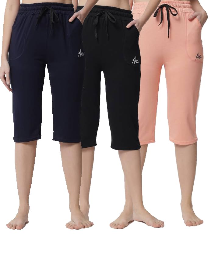 Image of Women's Cotton Capri Pants, Drawstring Waist, Knee Length, Pack of 3