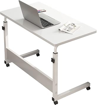 Overbed Table Height Adjustable Mobile Computer Desk Rolling Sit-Stand Desk with Wheels Portable Tray Table Bedrooms Work Desk for Small Space16x24 Inch, White