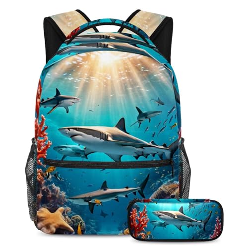 Ensemble sac à dos enfant requin multicolore avec grande trousse scolaire