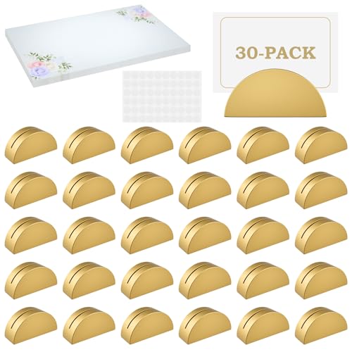 DALQUIS 30Pcs Gold Semicircular Wooden Table Number Holders ï¼† 40Pcs Place Cards with Glues, Lightweight Table Sign Holders for Wedding, Birthday Party
