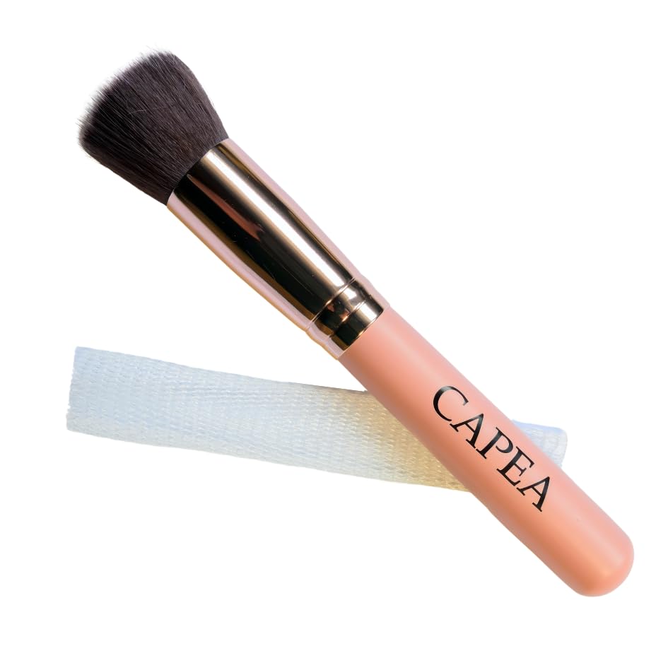 CAPEA 27 Brocha Maquillaje Fluido Vegana + Malla Protectora de Regalo | Brocha Kabuki Profesional Premium para Contouring, Colorete y Polvos Bronceadores.