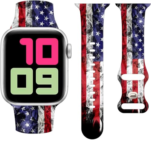 Cute Watch Band Compatible with Apple Watch Band 38mm 40mm 41mm Men Women,Soft Silicone Strap Replacement Sport Wristbands Compatible with iWatch Ultra Series 9 8 7 6 5 4 3 2 1 SE (American Flag)
