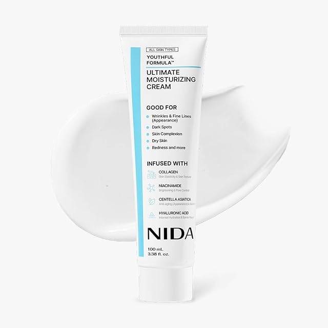 NIDA Youthful Crème hydratante ultime FormulaTM avec Centella Asiatica, Niacinamide, acide hyaluronique, collagène pour rides, lignes fines, taches foncées, peau sèche, rougeur, 3.38 C'est le cas. 100ml