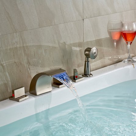 Robinet cascade 5 pièces nickel brossé avec mitigeur de baignoire et douchette LED