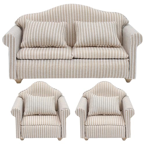 3pcs Dollhouse Couch, 1/12 Scale Living Room Furniture Accessory, Timeless Classic Miniature Double & Single Couch with Pillow, Upholstered Sofa...