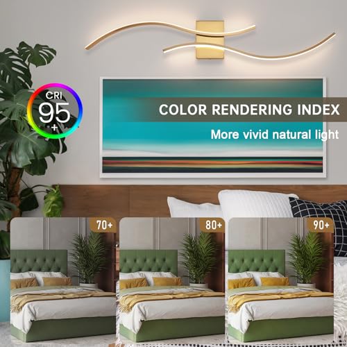 Image of CANEOE Modern Wall Sconce Set of, 5CCT Dimmable Indoor Led Wall Sconce Lighting Set of 2, 31.5 Inch Wall Light Fixtures, Gold Led Wall Lamps for Living Room Bedroom Bathroom Hallway