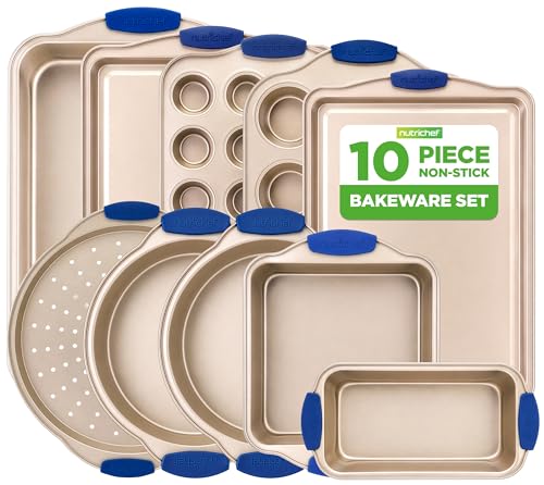 Image of NutriChef Kitchen Oven Baking Pans - Deluxe Nonstick Gold Coating Inside & Outside Carbon Steel Bakeware Set With Blue Silicone Handles, Durable & Reliable Cookie Sheet Oven Pan Style
