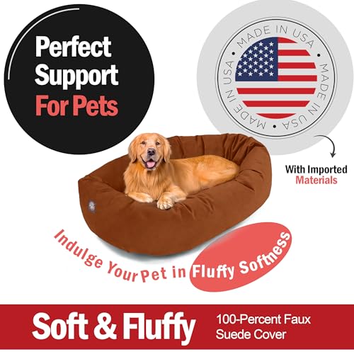 Image of Majestic Pet Suede Shredded Memory Foam Mix Calming Dog Bed Washable - Cozy Soft Round Dog Bed with Spine for Head Support - Fluffy Donut Dog Bed, 40 Inch, Rust
