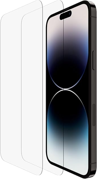 Belkin Tempered Glass Screen Protector iPhone 14 Pro Max, EZ Frame | 9H tempered glass, shatterproof, scratch resistant, screen guard, case-compatible, easy align tray, bubble-free install
