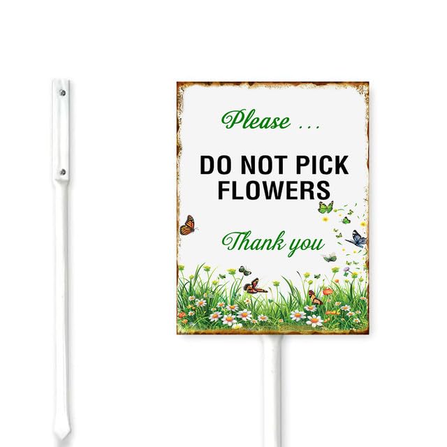 Bidesign (8x12) IN Please Do Not Pick Flowers Thank You Metal Yard Sign With Stake For Garden Farm Decor Lawn Sign Stand Tin Sign Wildflowers Butterfly Garden Sign Outdoor