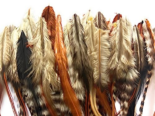Short Real Rooster Feathers, Striped Grizzly, 50 Feather Hair Extensions Or Crafts, 5-8 Inches Brown, Black White Grizzly Stripe Naturals Fluff #TOP4