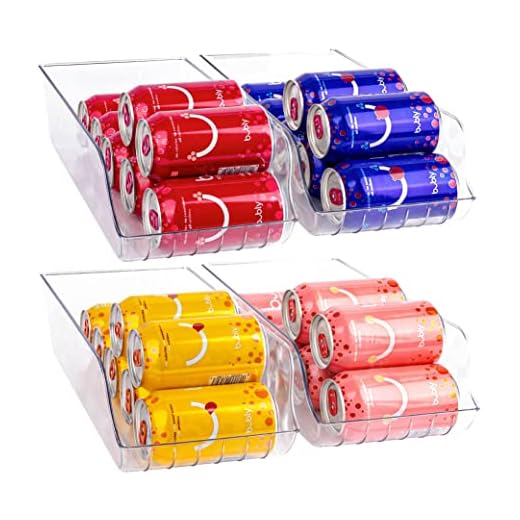 Soda Can Organizer - Clear Plastic Storage Dispenser Bin for Refrigerator. Great Drink Holder for Kitchen Cabinets, Countertops, Pantry, Freezer and Fridge. (4-Pack)