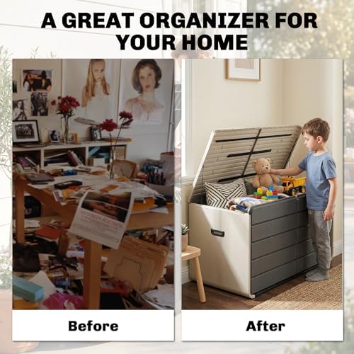 Outsunny 200 Gallon Garden Storage Box, HDPE Deck Box with Wheels, Lockable Lid, Pneumatic Gas Rods and Side Handles, Outdoor Patio Storage Container for Garden Tool, Beige & Grey - 2