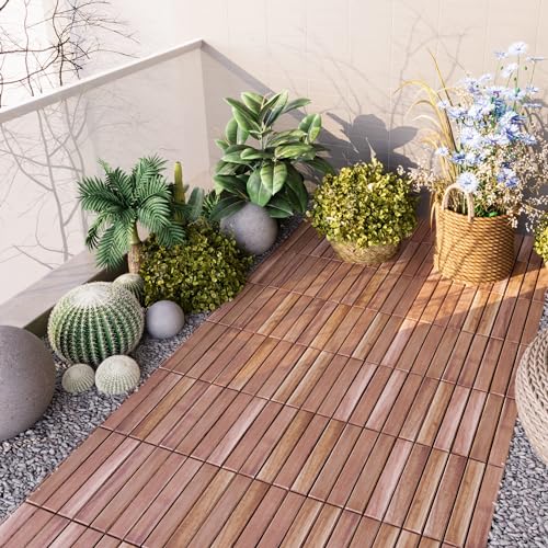 casa.pro Set de 10 Dalles en Bois avec 6 Lattes Décoratives Carreaux à Clipser Résistants pour Terrasse Balcon Jardin Sauna Piscine Bois d'Acacia Surface...