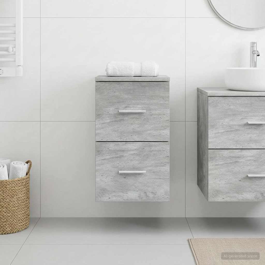 Mueble de baño gris hormigón de madera, 30 x 41 x 50 cm, con 2 cajones, asas plateadas, organizador de almacenamiento para baño, interior
