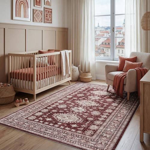 6x9 Living Room Rug Washable Non Slip Distressed Large Carpet, Burgundy