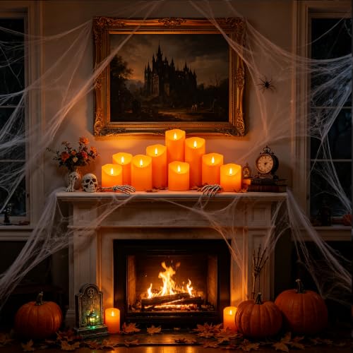 Image of Eebuss Flameless Candles with Remote Timer, Battery Operated Realistic Flickering LED Candles, 9 Packs Fake Candles for Home Decor (D3 x H 3 inch 4 inch 5 inch 6 inch 7 inch) Orange