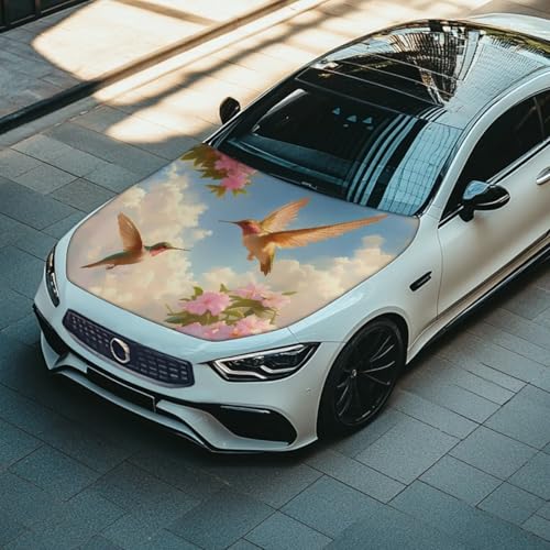 Image of Car Hood Cover Protector,All Weather Automotive Print Hood Covers for Cars,Universal Accessories for Decoration Hummingbird Pink Flower Print