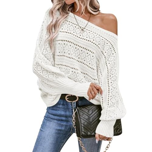 Cakulo Womens Off Shoulder Sweater Top Fall Outfits Fashion 2025 Oversized Knit Batwing Long Sleeve Crochet Pullover Sweaters