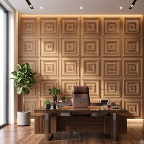 Image of Kayra Decor 3D PVC Wall Panels for Bedroom & Living Room | Pryamid Design |Metallic Wood Color | 19.7 x 19.7 Inch | Pack of 40 | 107.6 Sq Ft