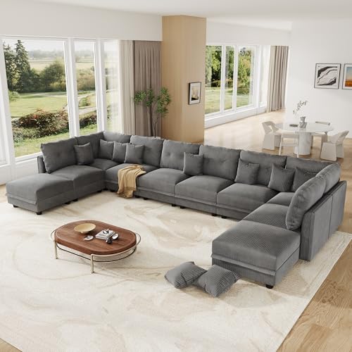 Image of LLappuil 10 Seater Sectional Sofa with Storage, U Shaped Corduroy Modular Couch with 10 Throw Pillows, Convertible Pet-Friendly Sofas for Living Room & Large Space, Reconfigurable, Grey