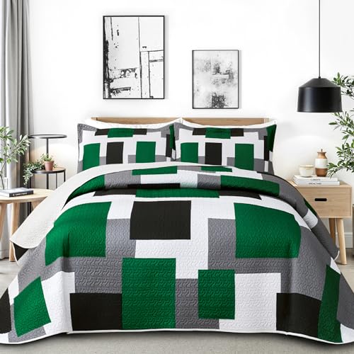 Image of Tyrot 3 Piece Green Quilt Full /Queen Size Green Black White Bedding Set | Lightweight Bedspread, Geometric Coverlet with 2 Sham, Modern Abstract Soft Microfiber, Bed Cover for All Season, 90''x96''
