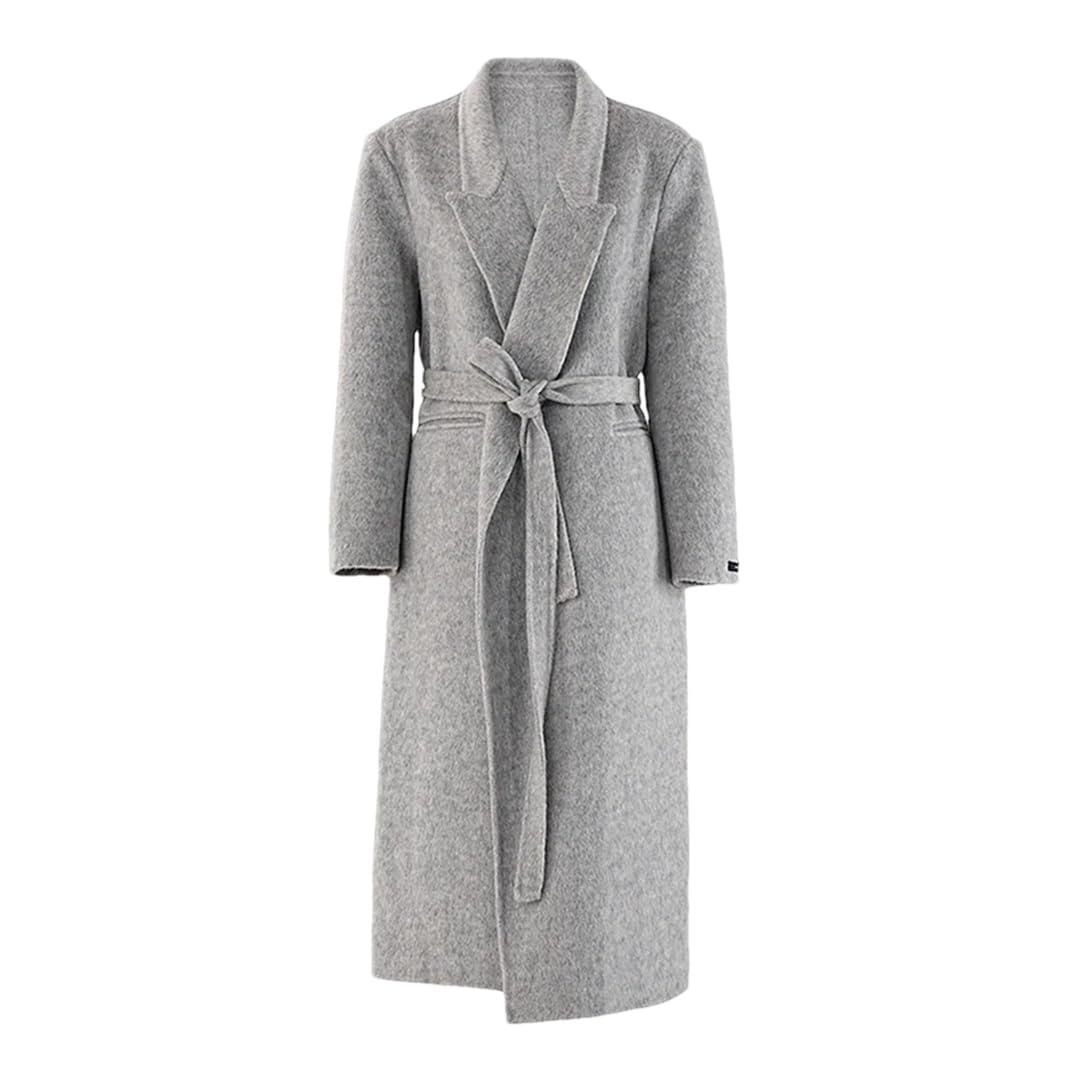 Hdhdeueh Abrigo largo de lana gris con cinturón de Laple para mujer, abrigo largo de invierno para el trabajo y la oficina con bolsillos