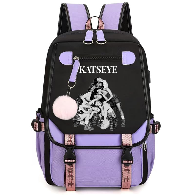 Mengmiao K-Katseye Rucksack Kinder Unisex Wasserdicht Schulrucksack mit Laptopfach Großer Stauraum Korean Style Fan Backpack-46 * 29 * 16 cm