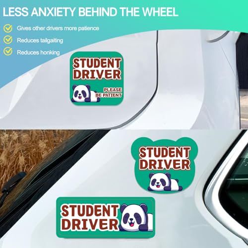 Image of Student Driver Please Be Patient Car Magnet, Green Panda Cute Shape, Patient with Reflective Magnetic Bumper Sticker Set Detachable, Novice Safety Signs.Set of 3