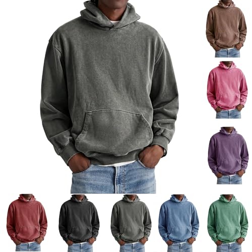 Mens Hoodies Pullover Vintage Acid Washed Long Sleeve Hooded Sweatshirt Basic Athletic Oversized Hoodie with Pockets Plus Size Sweatshirt Aesthetic Loose Acid Wash Pullover Hoodies Casual Outfits