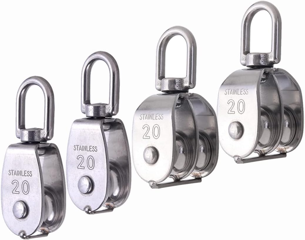 4 Pack M20 Pulley Block, 2 Pcs Single Pulley & 2 Pcs Double Pulley 304 Stainless Steel Wire Rope Lifting Swivel Hook