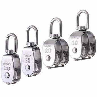 Rocaris 4 Pack M20 Pulley Block, 2 Pcs Single Pulley & 2 Pcs Double Pulley 304 Stainless Steel Wire Rope Lifting Swivel Hook
