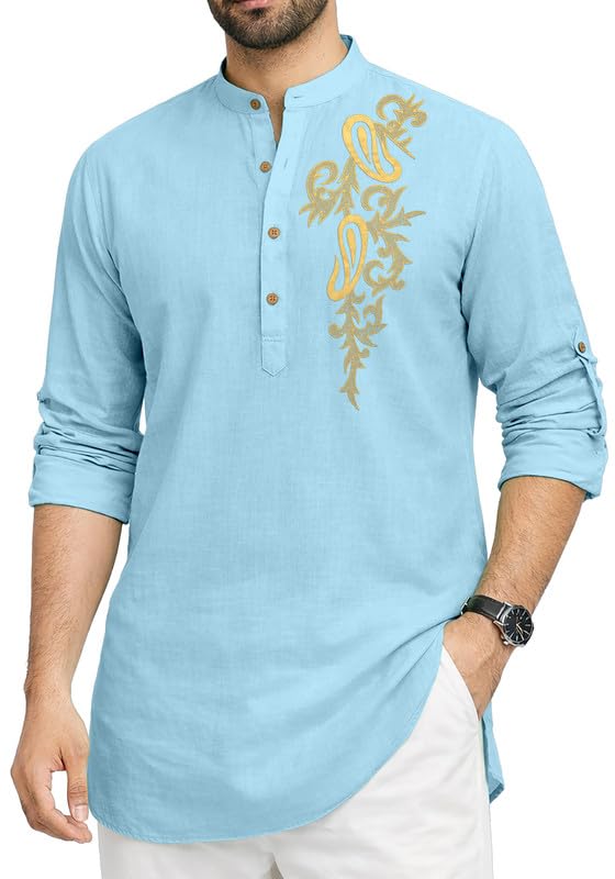 Image of Cotton Blend Self Design Printed Casual Short Kurta for Men Long Sleeve Mandarin Collar Stylish Kurta Shirt for Men