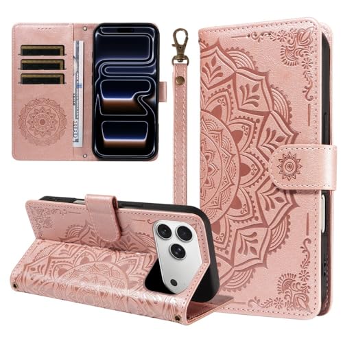 Étui compatible avec iPhone 15 rose doré Housse portefeuille en cuir à rabat chic