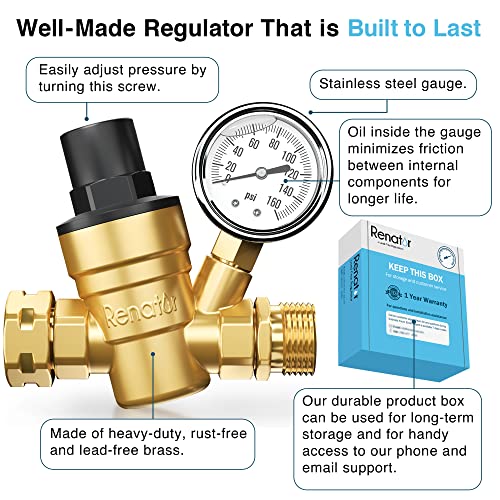 Renator Rv Water Pressure Regulator For Rv Camper. Brass Lead-Free Adjustable Rv Water Pressure Regulator With Gauge. Rv Water Regulator For Camper Travel Trailer, Reducer Valve W Filter. M11-0660R. #TOP5