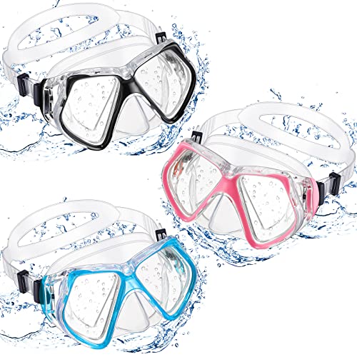 Fabbay 3 Pieces Swimming Diving Goggles With Nose Cover Adult Swim Snorkel Goggle Swim Goggle Pack Pool Goggles For Youth Men Women (Black, Pink, Sky Blue) #TOP30